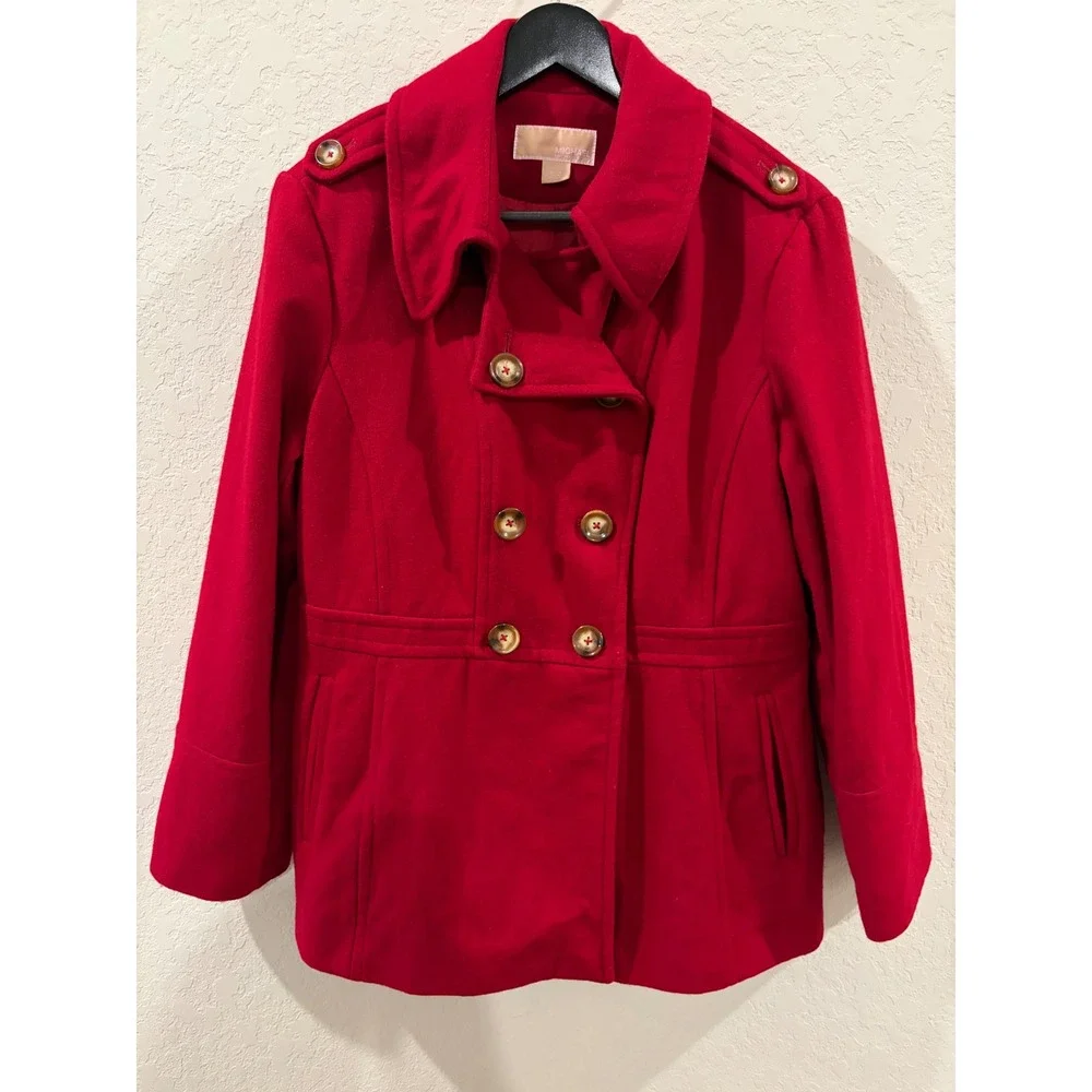 Michael Kors Red Wool Blend Double Breasted Pea Coat Jacket XL